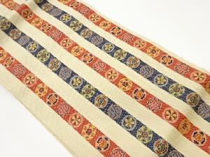 縞に丸文・花々模様織出し名古屋帯